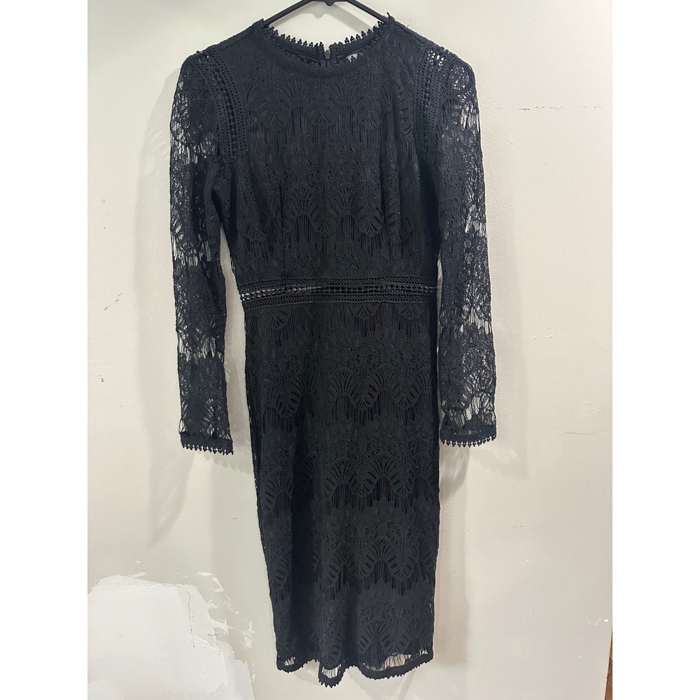 Love X Design Womens Black Lace Long Sleeve Midi Dress Sheath Cocktail Small